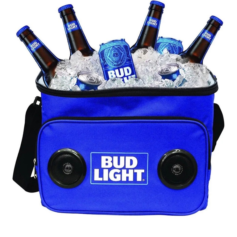 BUD LIGHT Blue Soft Cooler With Built in Bluetooth Speaker Portable Rechargeable